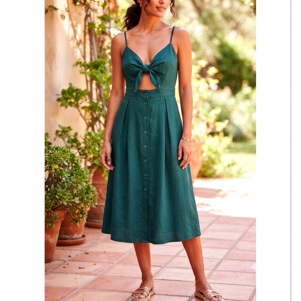 Ecowish green Front Cutout Button Down Midi Dress Smocked Back xl
